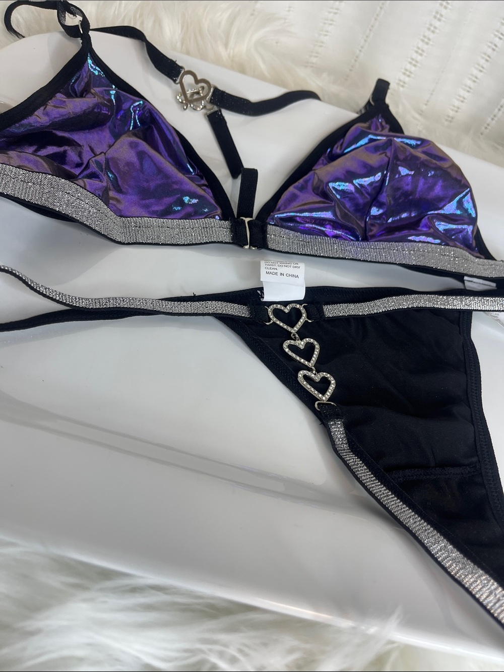 Iridescent Purple Triangle Bra & Panty Set with Silver Heart Rhinestone Trim - Picture 3 of 8